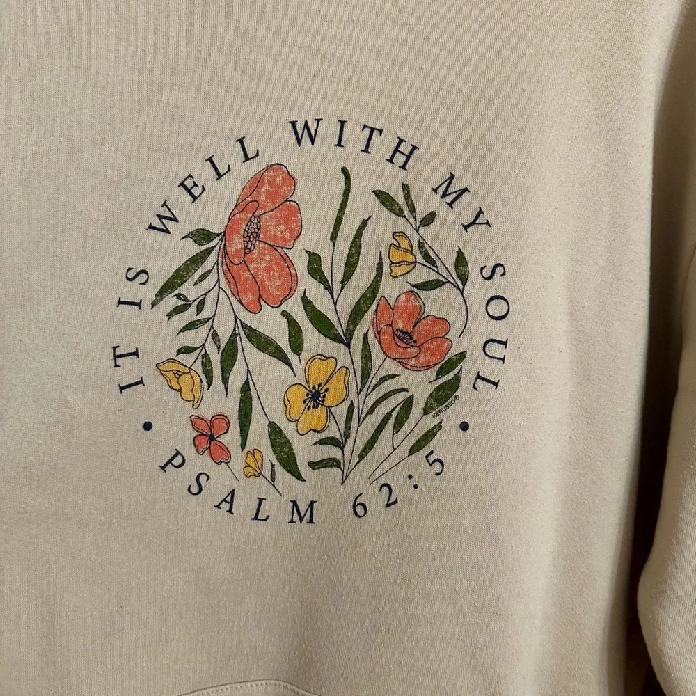 Beige Floral Bible Verse Hoodie | Psalm 62:5 | XL - Picture 2 of 6